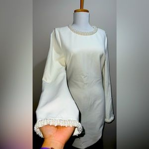 LIKELY White Bell Sleeve Pearl Mini Dress